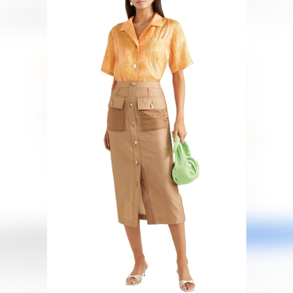 Rejina Pyo Lily Brown Tan Cotton-Linen Blend Chiffon Cargo Safari Midi Skirt